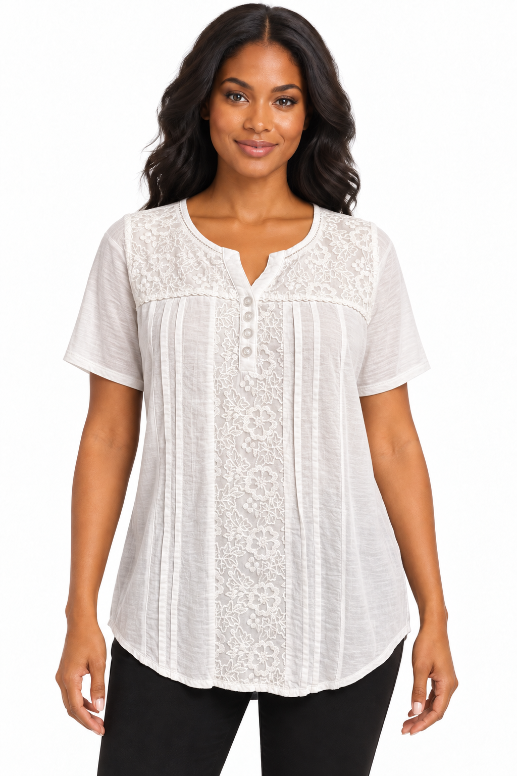 Hastings & Smith White Embroidered Pintuck Tunic Top
