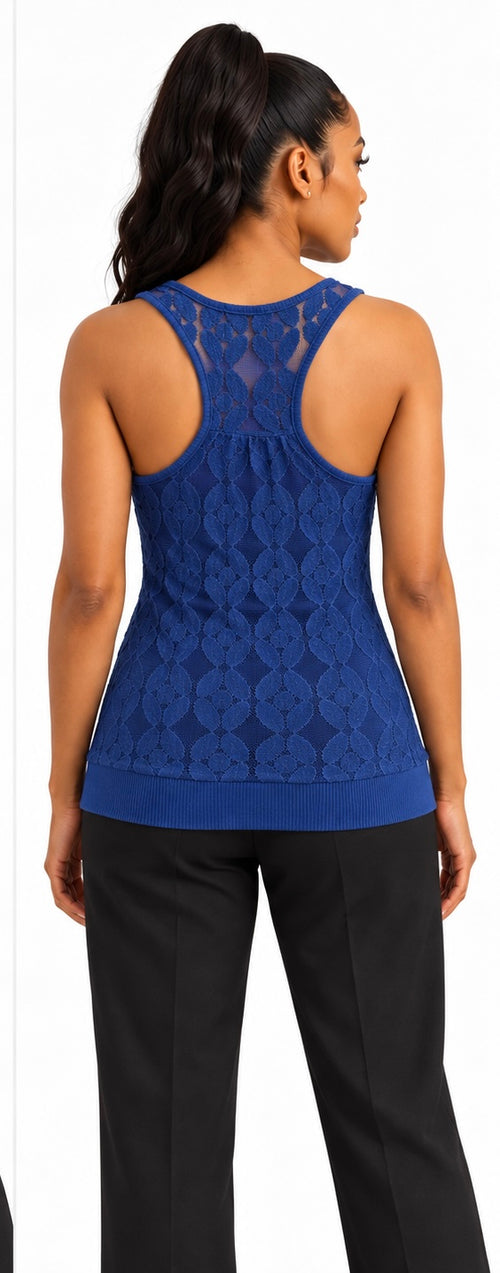 Eyelash Couture Blue Lace Racerback Top (See Through Lace, Model is Wearing a top underneath not included)