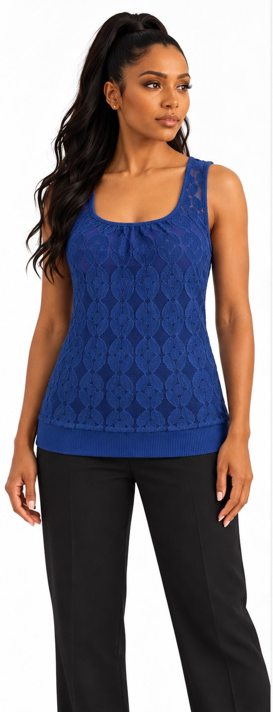 Eyelash Couture Blue Lace Racerback Top (See Through Lace, Model is Wearing a top underneath not included)