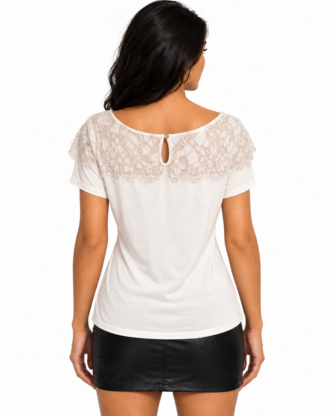 The Limited Ivory Lace-Yoke Short Sleeve Top