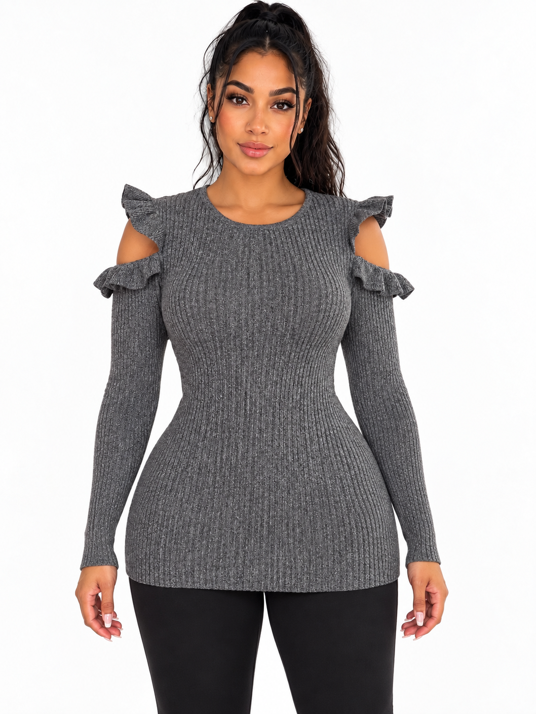 Forever 21 Charcoal Ribbed Cold Shoulder Sweater