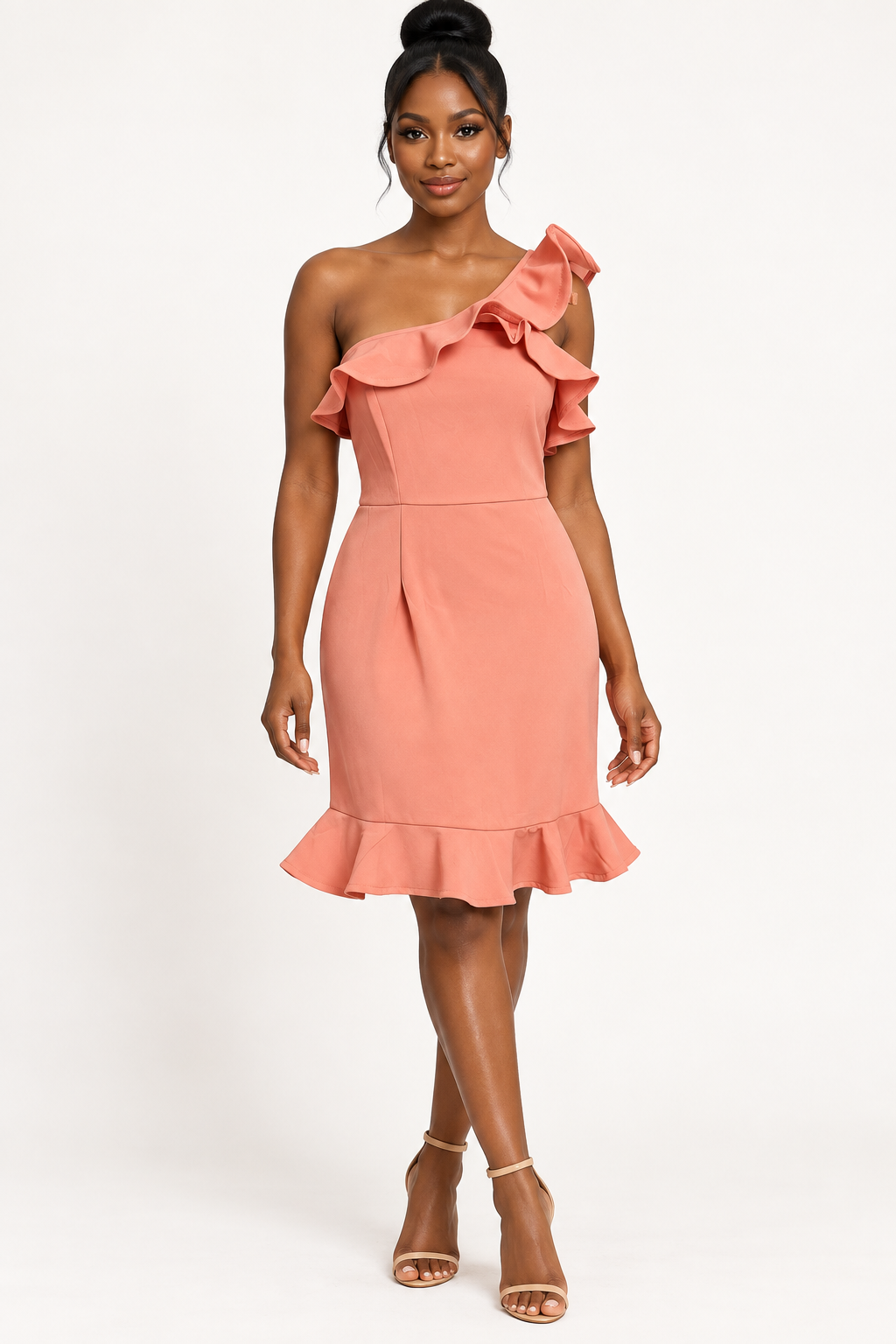 MQCVC Coral One-Shoulder Ruffle Dress