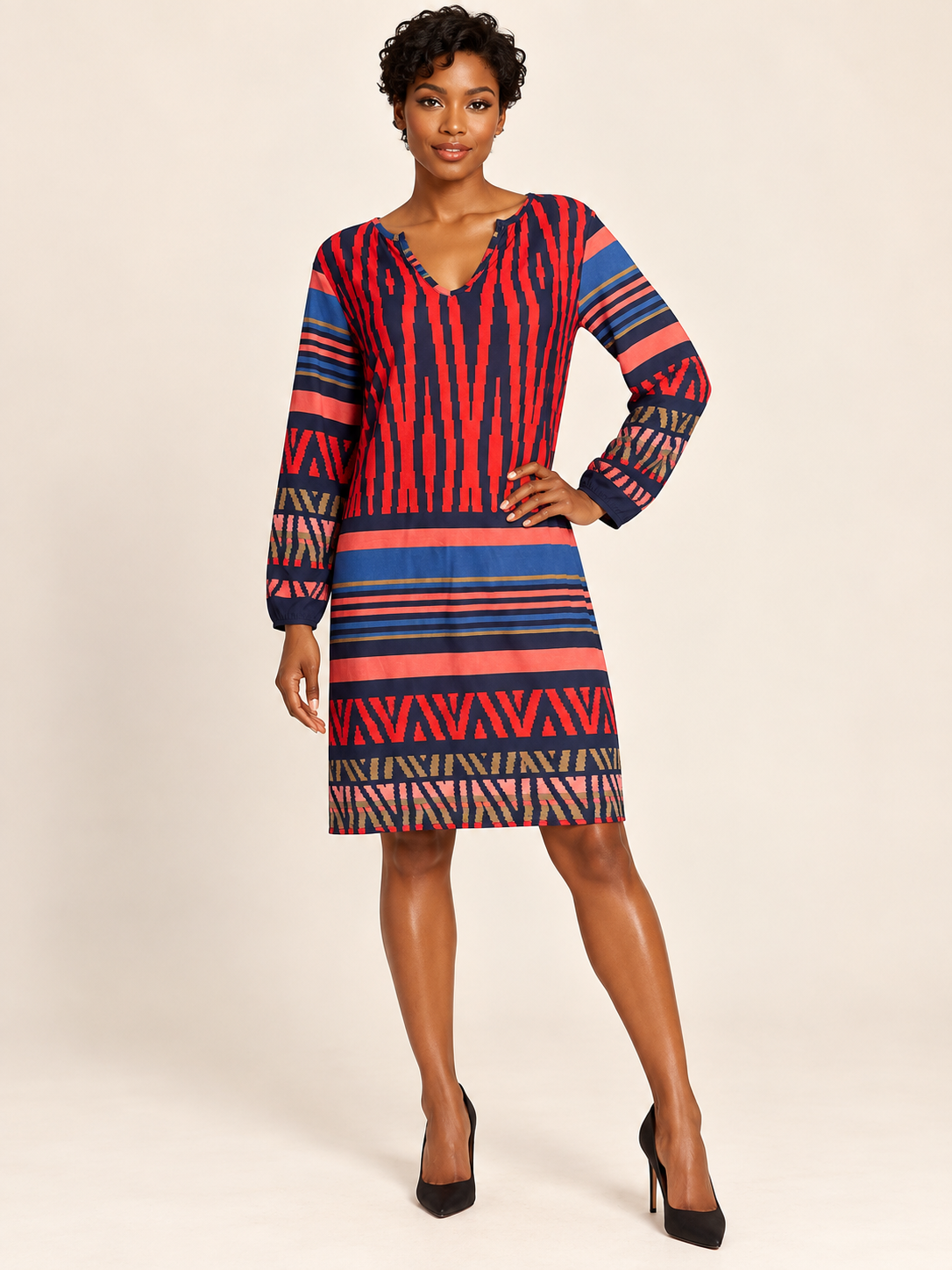 Highness Geometric Print Long-Sleeve Dress