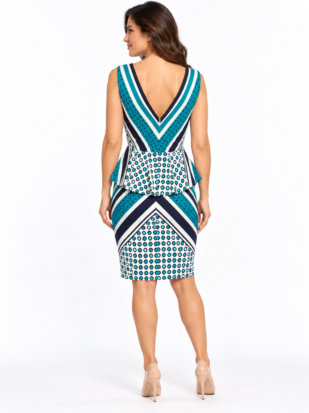 Donna Morgan Petite Teal & Navy Printed Peplum Dress