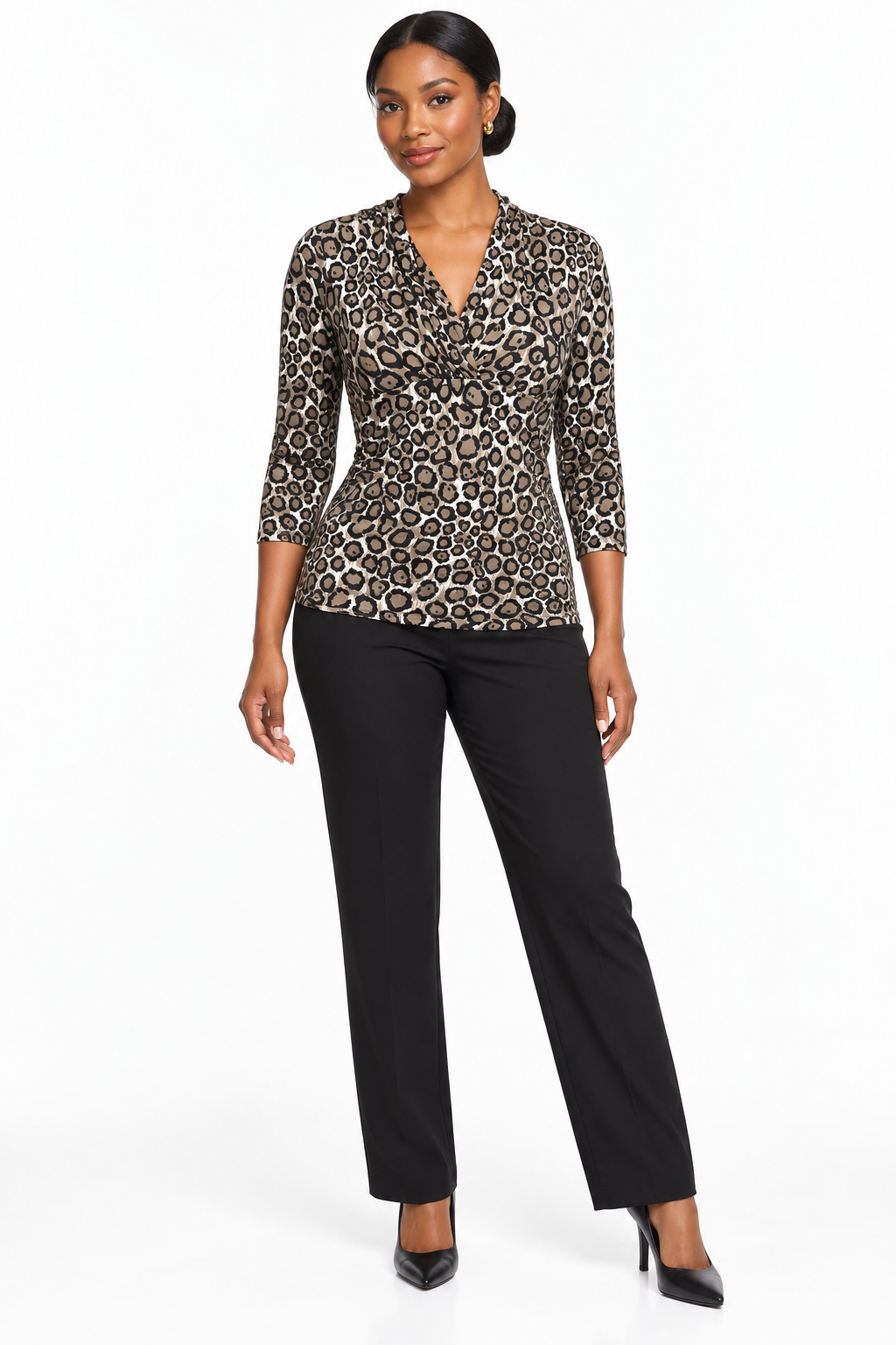 CHAUS Leopard Print Draped Neck Top