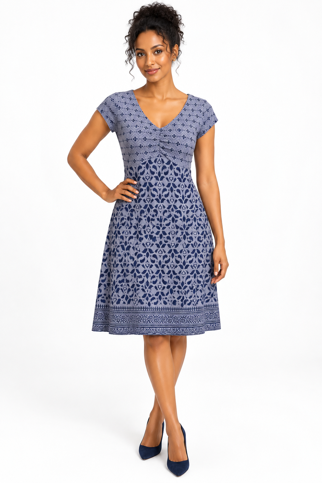 Athleta Blue Printed Cap-Sleeve Dress