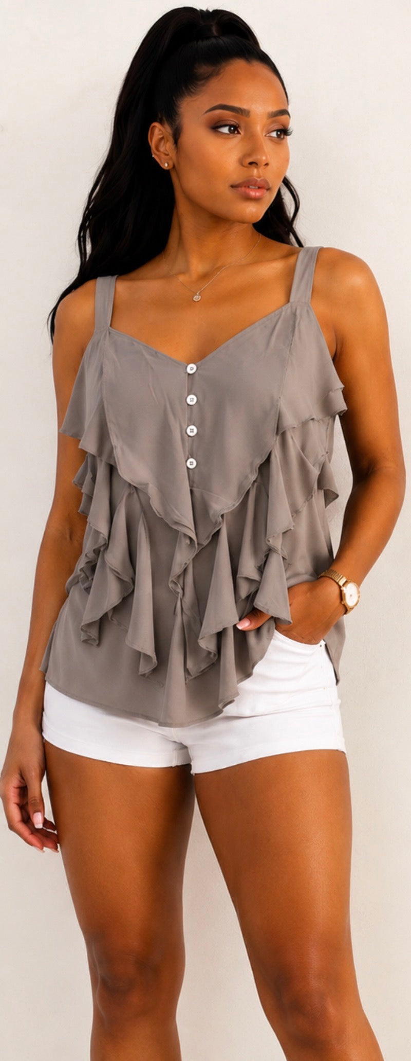 LIL 100% Silk Ruffle Top – Grey