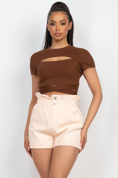 Self-Tie Ribbon Front Cutout Crop Top