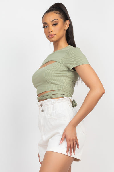 Self-Tie Ribbon Front Cutout Crop Top