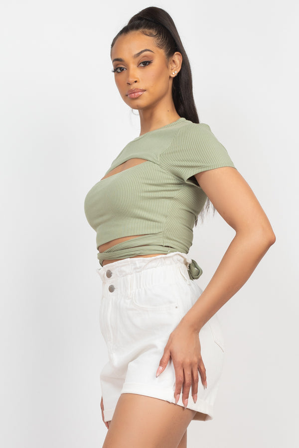 Self-Tie Ribbon Front Cutout Crop Top