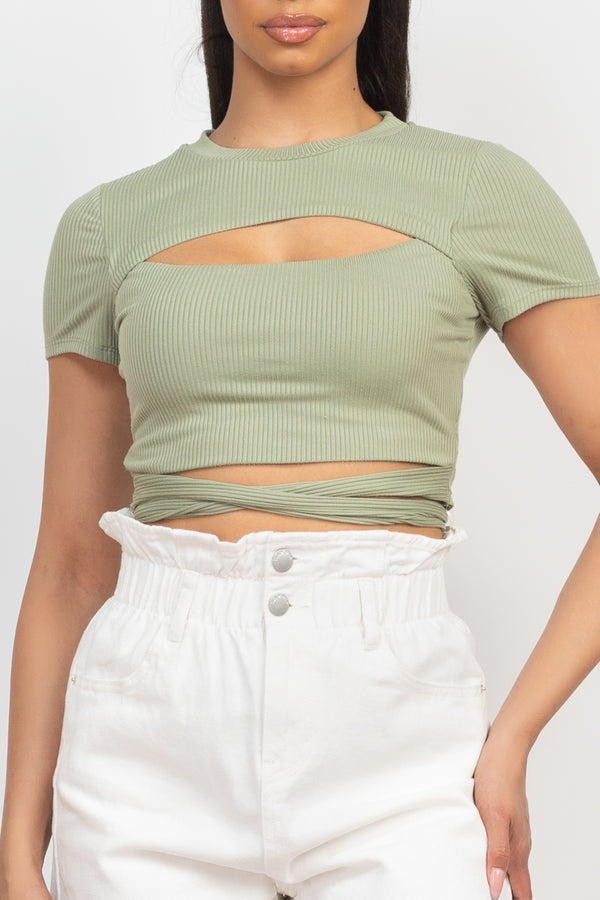 Self-Tie Ribbon Front Cutout Crop Top