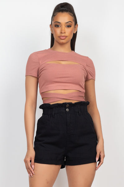 Self-Tie Ribbon Front Cutout Crop Top