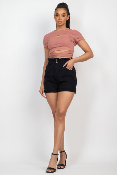 Self-Tie Ribbon Front Cutout Crop Top