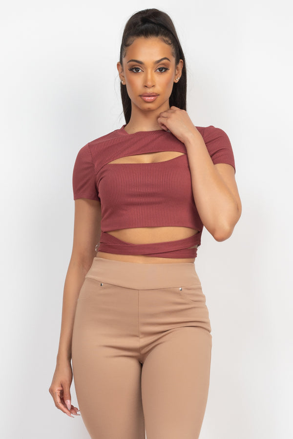 Self-Tie Ribbon Front Cutout Crop Top