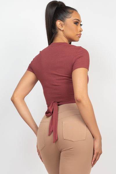 Self-Tie Ribbon Front Cutout Crop Top