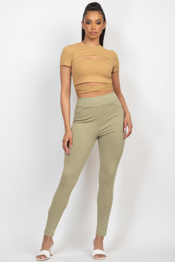 Self-Tie Ribbon Front Cutout Crop Top