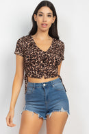 Ruched Drawstring Animal-rinted Crop Top