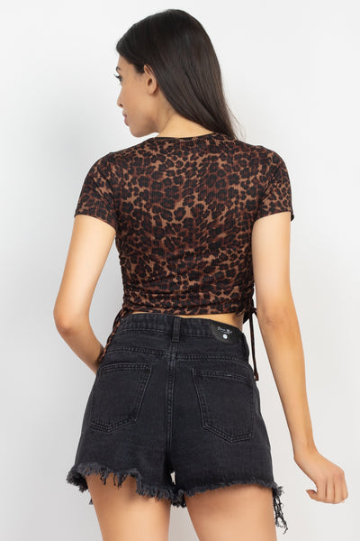 Ruched Drawstring Animal-rinted Crop Top