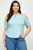 Plus Size, Solid Ribbed Cold Shoulder Top