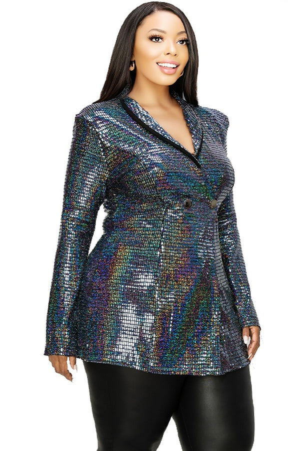 Plus Disco Metallic Sequins Double Breasted Blazer