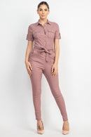 Collared Waist-Tie Buttoned Jumpsuit