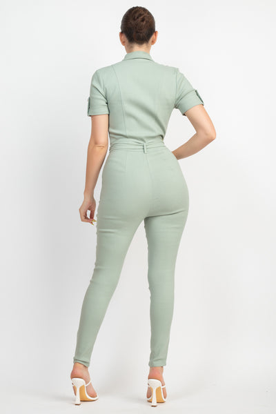 Collared Waist-Tie Buttoned Jumpsuit