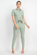 Collared Waist-Tie Buttoned Jumpsuit